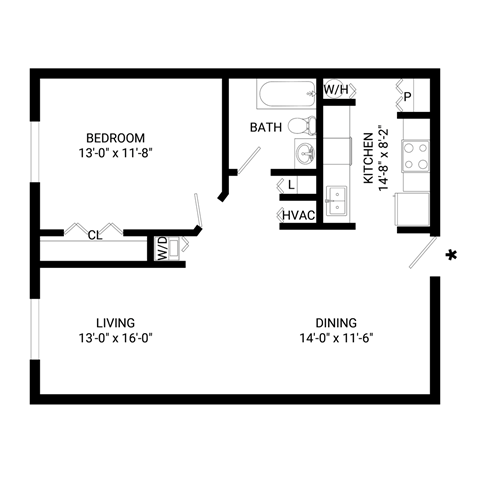 Floor plan for 1 bed, 1 bath, 834 sqft